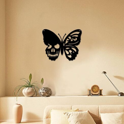 CREATCABIN Skull Metal Wall Art Butterfly Decor Wall Hanging Plaques Ornaments Iron Wall Art Sculpture Sign for Indoor Outdoor Home Livingroom Kitchen Garden Office Decoration Gift Black 6.3 x 7.9inch in Saudi Arabia