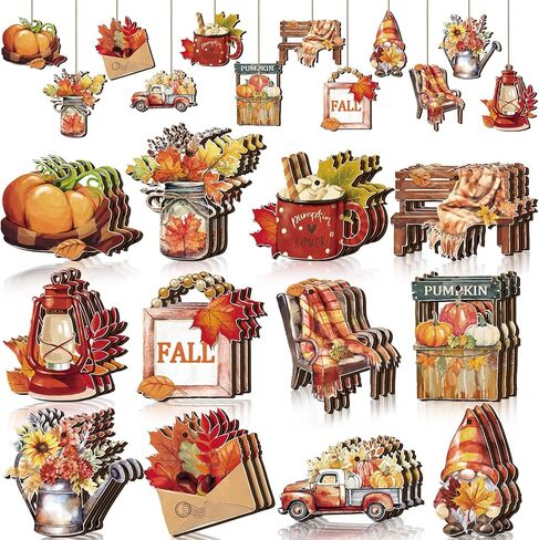 36 Pcs Fall Wooden Ornaments Thanksgiving Tree Decorations Pumpkin Leaf Truck Gnome Wood Cutouts with Ropes Autumn Harvest Hanging Signs for Holiday Party Tree Decor in Kuwait