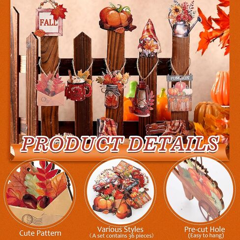 36 Pcs Fall Wooden Ornaments Thanksgiving Tree Decorations Pumpkin Leaf Truck Gnome Wood Cutouts with Ropes Autumn Harvest Hanging Signs for Holiday Party Tree Decor in Kuwait