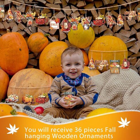 36 Pcs Fall Wooden Ornaments Thanksgiving Tree Decorations Pumpkin Leaf Truck Gnome Wood Cutouts with Ropes Autumn Harvest Hanging Signs for Holiday Party Tree Decor in Kuwait