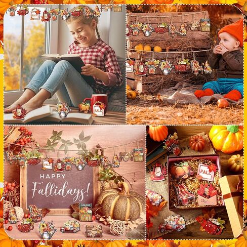 36 Pcs Fall Wooden Ornaments Thanksgiving Tree Decorations Pumpkin Leaf Truck Gnome Wood Cutouts with Ropes Autumn Harvest Hanging Signs for Holiday Party Tree Decor in Kuwait