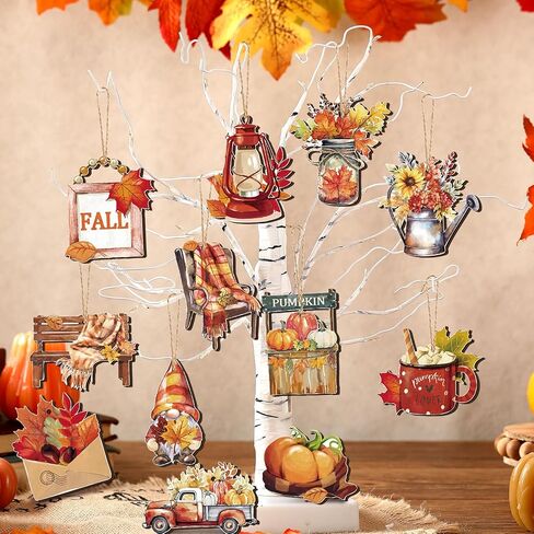 36 Pcs Fall Wooden Ornaments Thanksgiving Tree Decorations Pumpkin Leaf Truck Gnome Wood Cutouts with Ropes Autumn Harvest Hanging Signs for Holiday Party Tree Decor in Kuwait