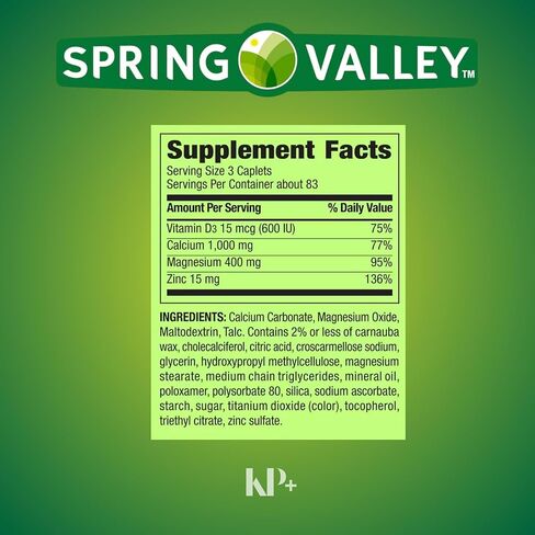 Spring Valley، زنك مغنيسيوم الكالسيوم مع فيتامين د3، كبسولات مغلفة، حزمة من 250 قطعة من زنك مغنيسيوم الكالسيوم مع علبة حبوب، (عبوة من قطعة واحدة) in Saudi Arabia