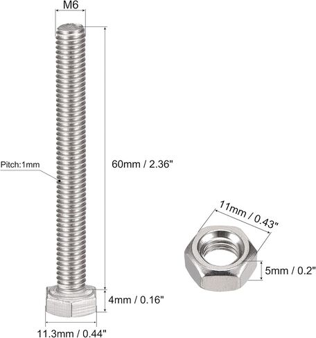 uxcell M6 x 60mm براغي سداسية الرأس، صواميل، مجموعات غسالات مسطحة وقفل، 304 مسامير سداسية من الفولاذ المقاوم للصدأ بالكامل 6 مجموعات in Saudi Arabia