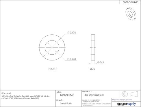 Small Parts 300 Stainless Steel Flat Washer, Plain Finish, Meets NAS 620, #8 Hole Size, 0.17" ID, 0.31" OD, 0.015" Nominal Thickness (Pack of 100) in Saudi Arabia