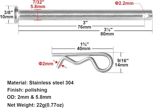 50 Sets 7/32" x 3-1/8" Stainless Steel 304 Single Hole Clevis Pin with Cotter Pin Clips, Flat Head Clevis Pin Effective Length 3" in Kuwait
