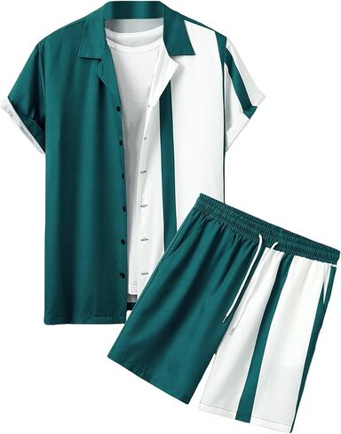 GORGLITTER Men's Shirts and Shorts Set Color Block Button Down Short Sleeve Shirts Drawstring Shorts Tracksuit Set Green and White Medium in Saudi Arabia
