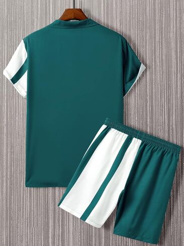 GORGLITTER Men's Shirts and Shorts Set Color Block Button Down Short Sleeve Shirts Drawstring Shorts Tracksuit Set Green and White Medium in Saudi Arabia