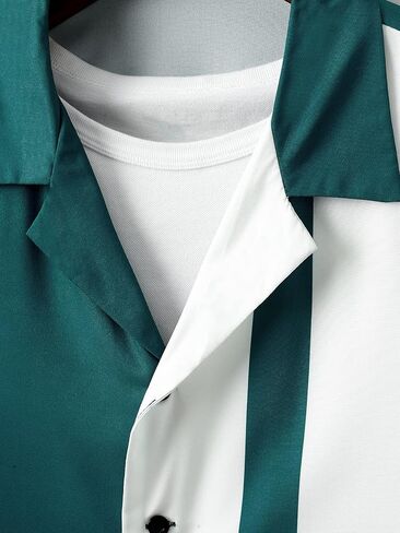 GORGLITTER Men's Shirts and Shorts Set Color Block Button Down Short Sleeve Shirts Drawstring Shorts Tracksuit Set Green and White Medium in Saudi Arabia