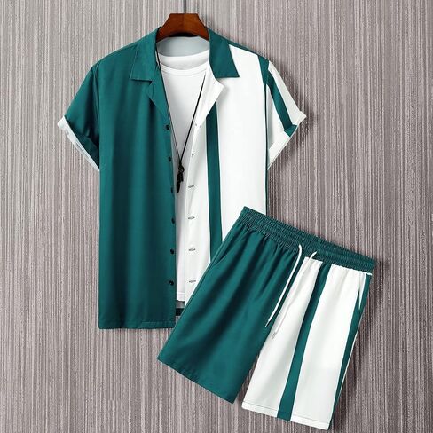 GORGLITTER Men's Shirts and Shorts Set Color Block Button Down Short Sleeve Shirts Drawstring Shorts Tracksuit Set Green and White Medium in Saudi Arabia