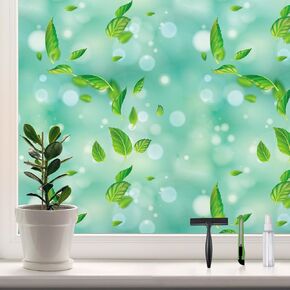 DKTIE Stained Glass Window Film with Installation Tools, Waterproof, Privacy Window Film for Bathrooms, Decorative Window Film with Green Leaves Pattern (A, 17.7" x 78.7")
