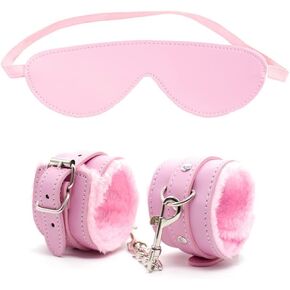 Fluffy Handcuffs PU Eye Mask Blindfold Kit - Fluffy Hand Cuff Set - Adjustable Handcuffs Fluffy Bracelet - Fluffy Eye Mask (Pink)
