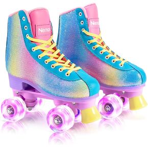 NEMONE Roller Skates for Girls, Women Roller Skates with Light up Wheels, Classic Shiny Mermaid Rollerskates, High Top Outdoor Indoor Skates for Adults Youth Kids