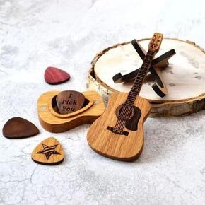 3PCS Unique Guitar Picks, Wooden Guitar Pick Box with Stand,Mini Storage Box for Guitarists,Musician Engraved Wooden Plectrum Case,Acoustic Guitar Box for Electric Bass Guitar Ukulele Lover
