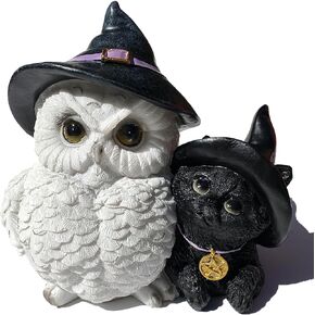 Pack of 2 Realistic Owls Halloween Decoration White Snow Owl in Witch Hat Home Decorative Sculptures Photo Props Collectible Gift (White+Brown)