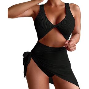 Women 2 Piece Bkini Sets, Twist Front One Piece Swimsuit Sexy V Neck Cutout Ruched Tummy Control Bathing Suit Cover Up