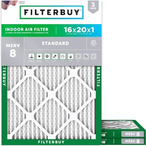 Filterbuy 16x20x1 Air Filter MERV 8 Dust Defense (3-Pack), Pleated HVAC AC Furnace Air Filters Replacement (Actual Size: 15.50 x 19.50 x 0.75 Inches)