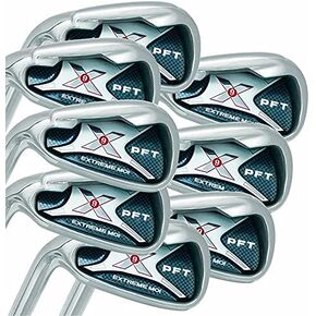 Left Handed PFT X9 Extreme MOI Iron Set +1 inch Over Big & Tall Men's Complete 8-Piece Iron Set (4-SW) Steel Shaft Regular Flex Club (Tall 6'0"+ / +1" Over) with Midsize Black Pro Velvet Grips