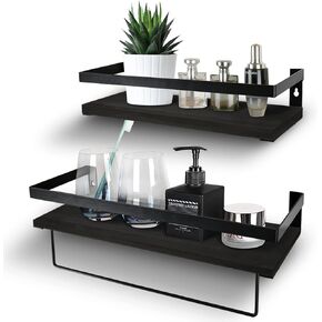 Y&ME YM Black Floating Shelves with Towel Rack - Set of 2 Bathroom Shelves Wall Mounted Hanging, Wood Floating Decorative Shelves for Stylish Storage in Bathroom, Kitchen, Living Room & Bedroom