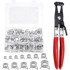 uxcell 121Pcs 7-22mm 12 Size Spring Band Hose Clamp with Swivel Clamp Plier Assortment Kits, Fuel/Silicone Vacuum Hose Pipe Clamp Low Pressure Air Clip Clamp, Silver Tone