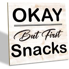 Kitchen Decor, Wood Plaque Table Art Sign 6.2 * 6.2inch, Wooden Box Sign Desk Decor, Funny Kitchen Wood Sign, Dining Room Decor, Farmhouse Decor for Shelf, Rustic Kitchen Decor, Okay But First Snacks