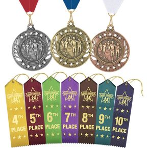 Cross Country Awards Ultimate Bundle - Includes (2 Each) Gold - Silver - Bronze Medals with Neck Ribbons and (2 Each) 4th Place - 10th Place Ribbons with Card & String