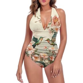 Women's Halter Swimsuit One Piece Bathing Suit V-Neck Tummy Control Swimwear