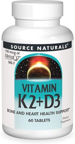 Source Naturals فيتامين K2 + D3 مجمع صحة العظام والقلب - 400 وحدة دولية فيتامين D3 و100 ميكروغرام فيتامين K2 (MK-7) مع الكالسيوم - 60 قرص in Saudi Arabia
