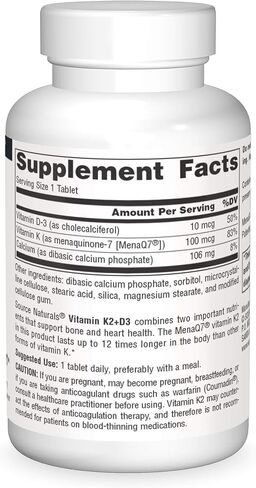 Source Naturals فيتامين K2 + D3 مجمع صحة العظام والقلب - 400 وحدة دولية فيتامين D3 و100 ميكروغرام فيتامين K2 (MK-7) مع الكالسيوم - 60 قرص in Saudi Arabia