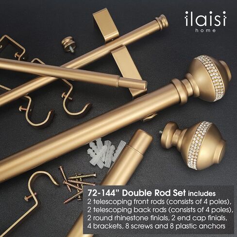 مجموعة قضبان ستائر مزدوجة: قضبان ستائر ذهبية فاخرة بقطر 1-1/8 بوصة، قضيب ستائر ذهبي قابل للتعديل من 72 إلى 144 بوصة مع لمسات نهائية من حجر الراين لحزمة واحدة in Kuwait