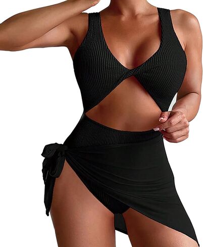 Women 2 Piece Bkini Sets, Twist Front One Piece Swimsuit Sexy V Neck Cutout Ruched Tummy Control Bathing Suit Cover Up in Saudi Arabia