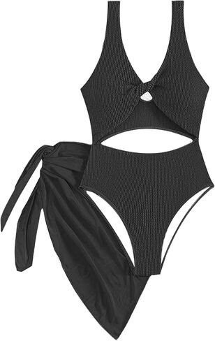 Women 2 Piece Bkini Sets, Twist Front One Piece Swimsuit Sexy V Neck Cutout Ruched Tummy Control Bathing Suit Cover Up in Saudi Arabia