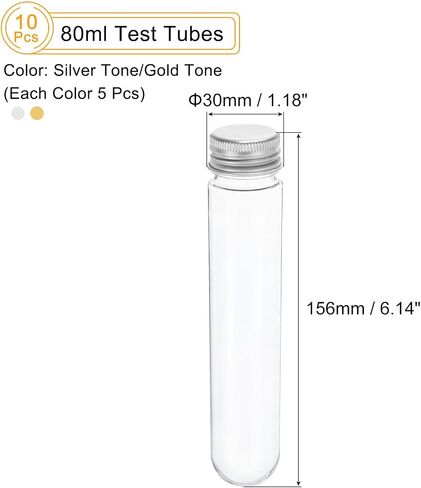 PATIKIL 80ml Plastic Test Tubes with Screw Caps, 10Pcs 128x33mm Tubes for Scientific Party Decoration Candy Bead Storage Bath Salt Lab Use, Silver Tone/Gold Tone in Saudi Arabia