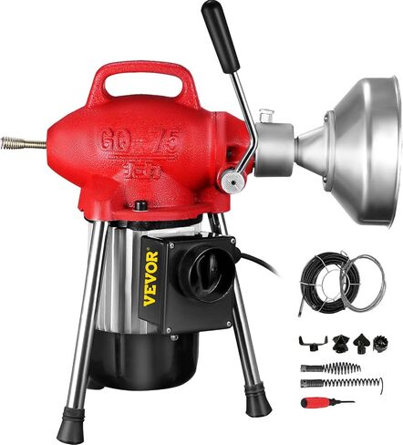 VEVOR 3 Cables Auger Fits 3/4 to 4 Inch Pipes Portable Drain Cleaning Machine with 6 Cutter Heads, Red in Saudi Arabia
