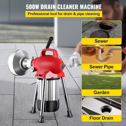 VEVOR 3 Cables Auger Fits 3/4 to 4 Inch Pipes Portable Drain Cleaning Machine with 6 Cutter Heads, Red in Saudi Arabia