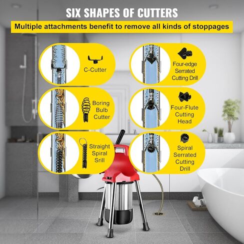 VEVOR 3 Cables Auger Fits 3/4 to 4 Inch Pipes Portable Drain Cleaning Machine with 6 Cutter Heads, Red in Saudi Arabia