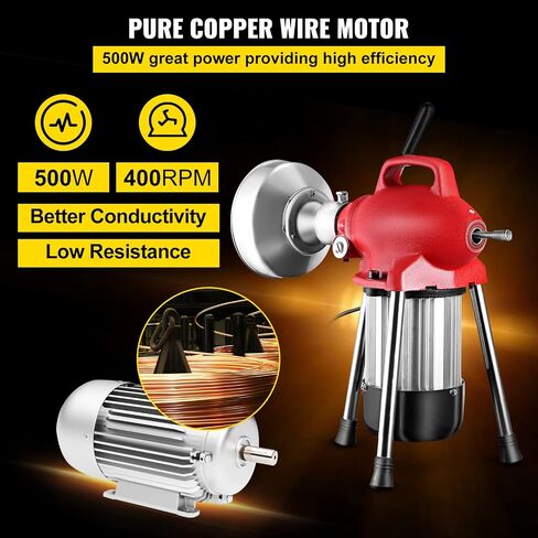 VEVOR 3 Cables Auger Fits 3/4 to 4 Inch Pipes Portable Drain Cleaning Machine with 6 Cutter Heads, Red in Saudi Arabia