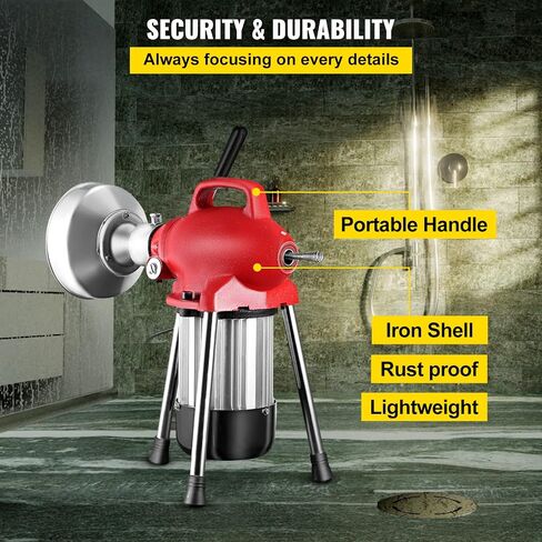 VEVOR 3 Cables Auger Fits 3/4 to 4 Inch Pipes Portable Drain Cleaning Machine with 6 Cutter Heads, Red in Saudi Arabia