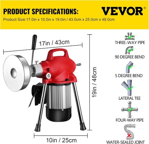 VEVOR 3 Cables Auger Fits 3/4 to 4 Inch Pipes Portable Drain Cleaning Machine with 6 Cutter Heads, Red in Saudi Arabia