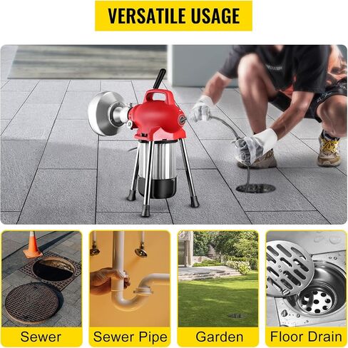 VEVOR 3 Cables Auger Fits 3/4 to 4 Inch Pipes Portable Drain Cleaning Machine with 6 Cutter Heads, Red in Saudi Arabia