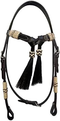 Brown Leather Western Headstall Bridle Hand Braided Natural and Brown Rawhide Knotting Futurity Knot Black Color Hair Tassels- in Saudi Arabia