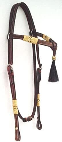 Brown Leather Western Headstall Bridle Hand Braided Natural and Brown Rawhide Knotting Futurity Knot Black Color Hair Tassels- in Saudi Arabia
