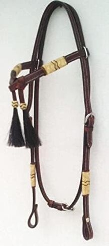 Brown Leather Western Headstall Bridle Hand Braided Natural and Brown Rawhide Knotting Futurity Knot Black Color Hair Tassels- in Saudi Arabia