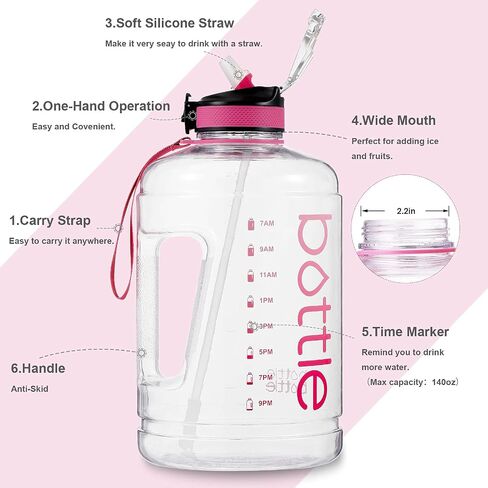BOTTLE BOTTLE Large 1 Gallon Water Bottle with Straw & Big Handle, Gallon Water Bottle Motivational with Time Marker, BPA Free Leakproof Water Bottle for Fitness and Outdoor Sports in Saudi Arabia