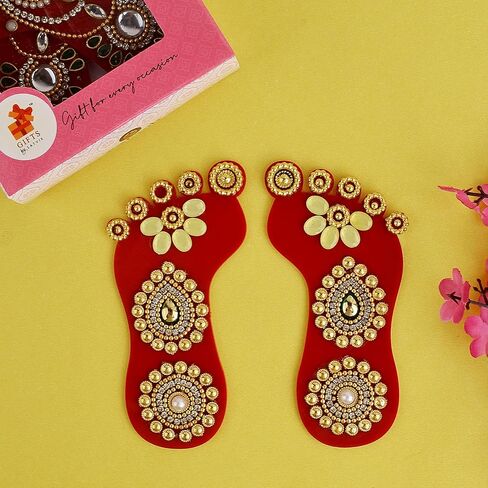 SATVIK 1 Pc Set of Acrylic Lakshmi Mata Charan Paduka Sticker Diwali Festival Decoration with Stone Moti Mandir Home Office Floor Festival Pujan Home Floor Kolam Shubh Labh Rangoli Stickers (DESIGN 2) in Saudi Arabia