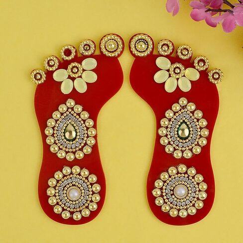 SATVIK 1 Pc Set of Acrylic Lakshmi Mata Charan Paduka Sticker Diwali Festival Decoration with Stone Moti Mandir Home Office Floor Festival Pujan Home Floor Kolam Shubh Labh Rangoli Stickers (DESIGN 2) in Saudi Arabia
