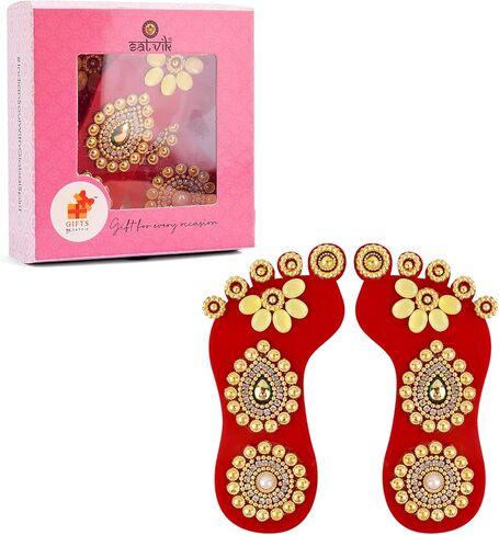 SATVIK 1 Pc Set of Acrylic Lakshmi Mata Charan Paduka Sticker Diwali Festival Decoration with Stone Moti Mandir Home Office Floor Festival Pujan Home Floor Kolam Shubh Labh Rangoli Stickers (DESIGN 2) in Saudi Arabia