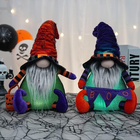 2 Pack Halloween Gnomes with LED Light Handmade Witch Doll Plush Swedish Scandinavian Tomte Elf for Shelf Table Decorations in Saudi Arabia