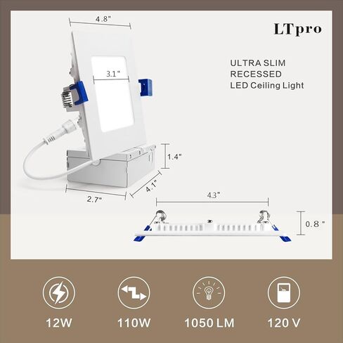 4 Inch Square Led Recessed Ceiling Light Black with Junction Box,Dimmable Ceiling Light Selectable 2700K-5000K,Square Recessed Led Lighting for Shower,Square Recessed Lighting(1 Pack) in Kuwait