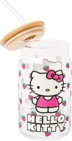 Silver Buffalo Hello Kitty Strawberry Design Glass Tumbler with Bamboo Lid and Glass Straw, 16 Ounces in Saudi Arabia